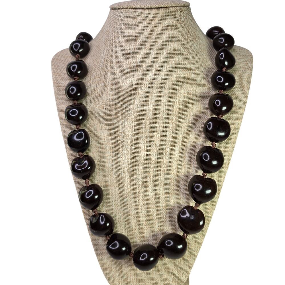 Vintage Necklace Hawaii Kukui Nut Lei 34 Inch Ribbon Tie Hand Knotted